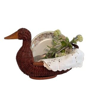 Vintage Wicker Duck Goose Basket Bavarian Plate Vignette